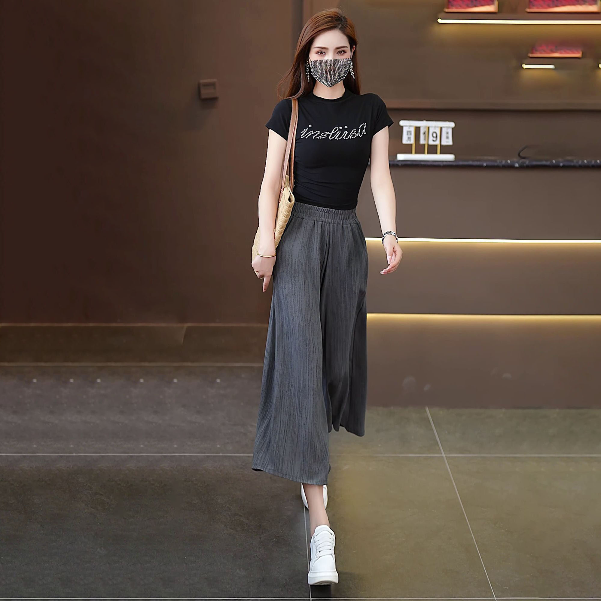 冰絲薄款垂感休閑寬松顯瘦高腰七分裙褲-HaloBless