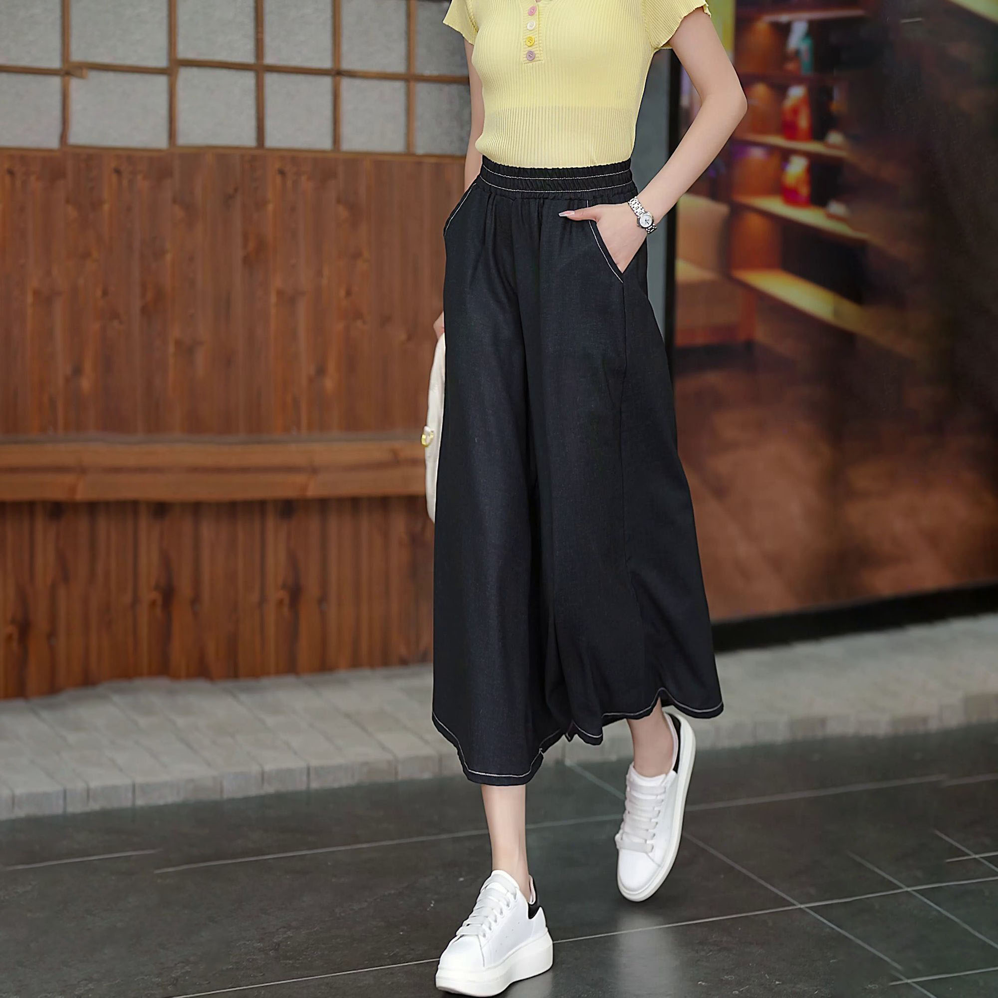 冰絲薄款垂感休閑寬松顯瘦高腰七分裙褲-HaloBless