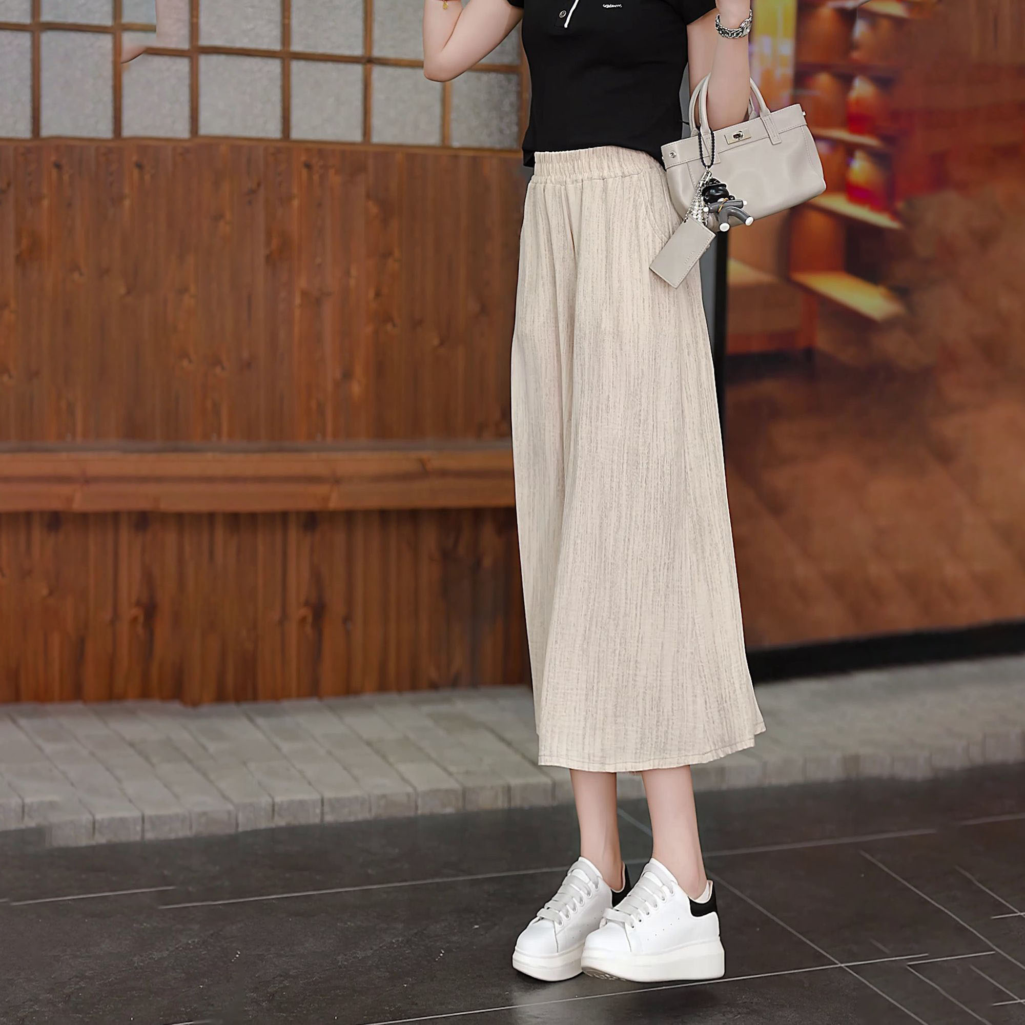 冰絲薄款垂感休閑寬松顯瘦高腰七分裙褲-HaloBless