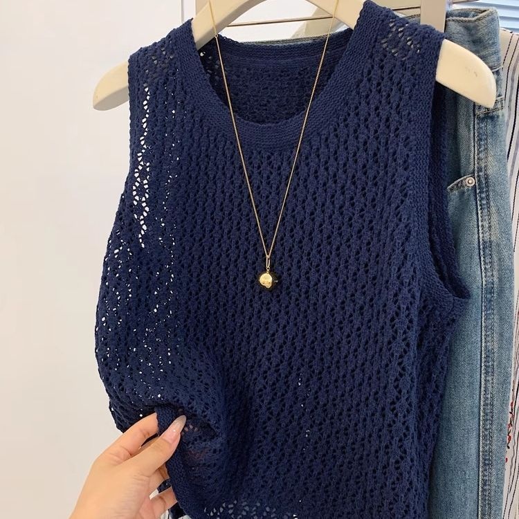 韓系鏤空寬鬆顯瘦薄款無袖針織背心-HaloBless