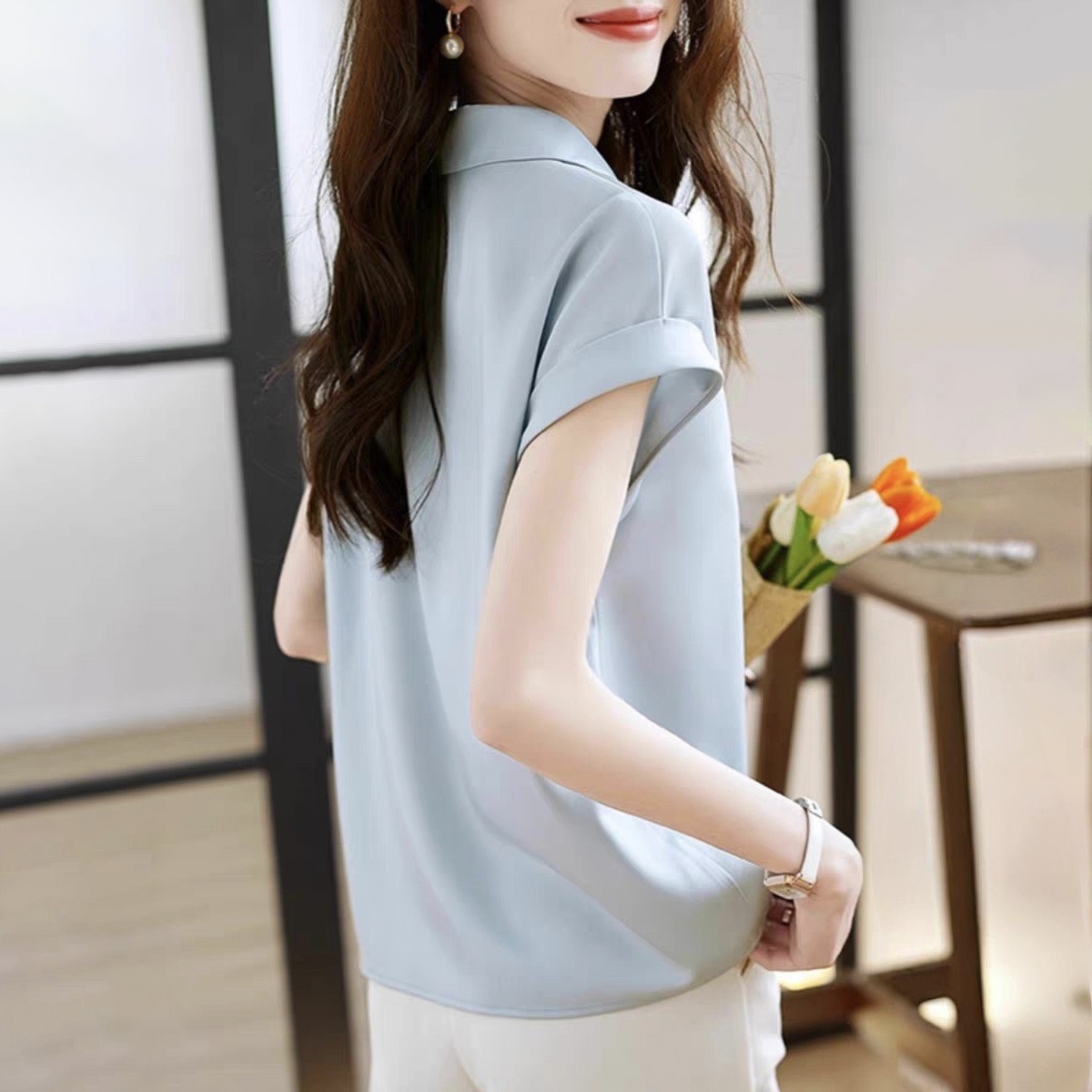 法式氣質時尚別緻百搭款短袖襯衫-HaloBless