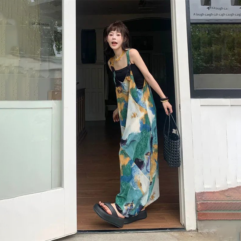 清涼顯白海島藍V領寬鬆闊腿背帶連體褲-HaloBless