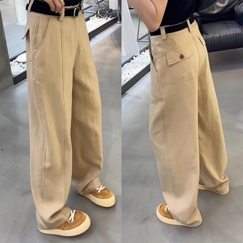 闊腿休閒拖地寬鬆顯瘦彎刀牛仔工裝褲-HaloBless