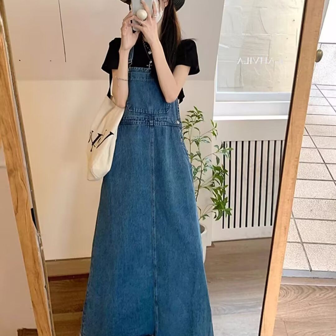 日韓復古減齡寬鬆大擺毛邊長裙牛仔背帶裙-HaloBless