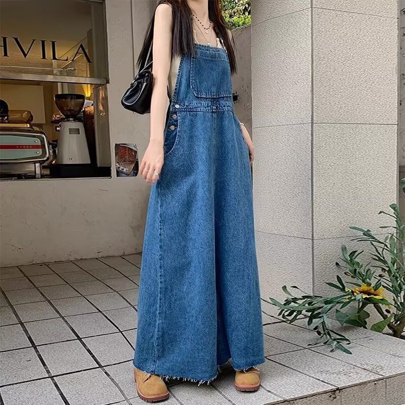 日韓復古減齡寬鬆大擺毛邊長裙牛仔背帶裙-HaloBless