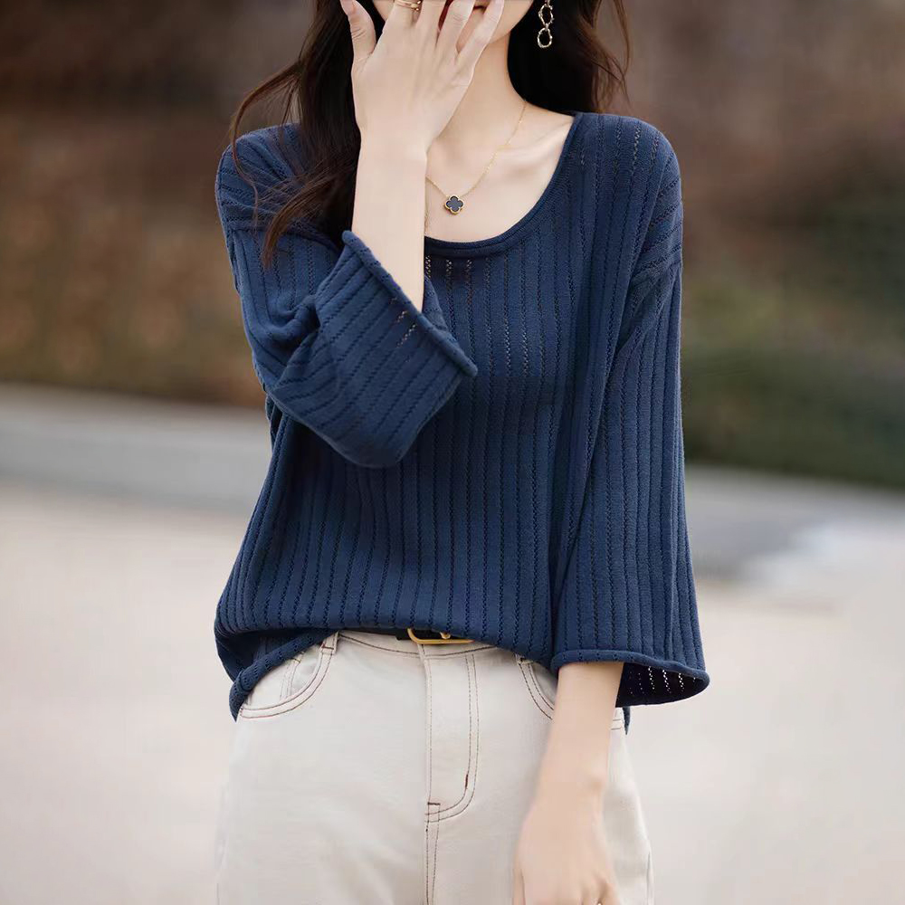 純棉袖捲邊圓領鏤空寬鬆七分袖-HaloBless