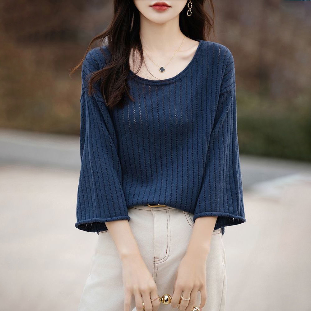 純棉袖捲邊圓領鏤空寬鬆七分袖-HaloBless