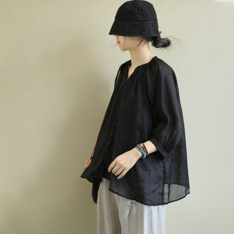 百搭休閒透氣寬鬆文藝棉麻五分袖襯衫-HaloBless