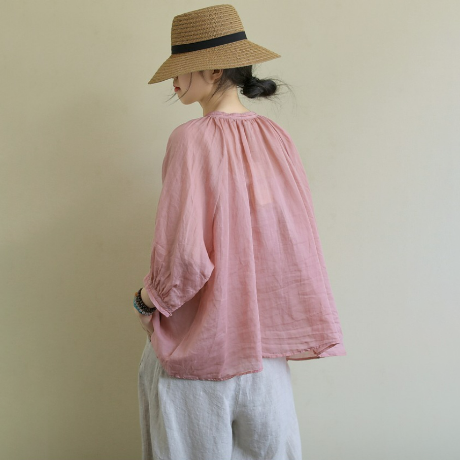 百搭休閒透氣寬鬆文藝棉麻五分袖襯衫-HaloBless