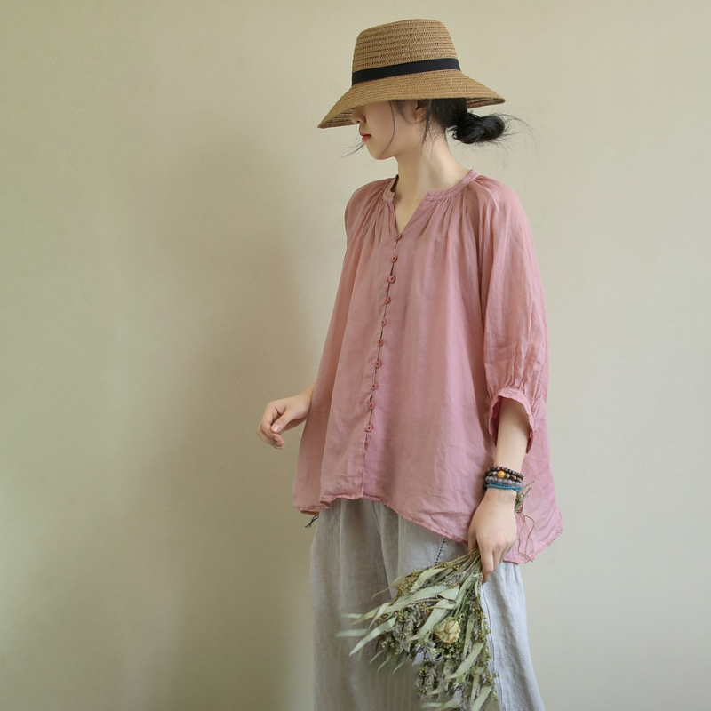 百搭休閒透氣寬鬆文藝棉麻五分袖襯衫-HaloBless