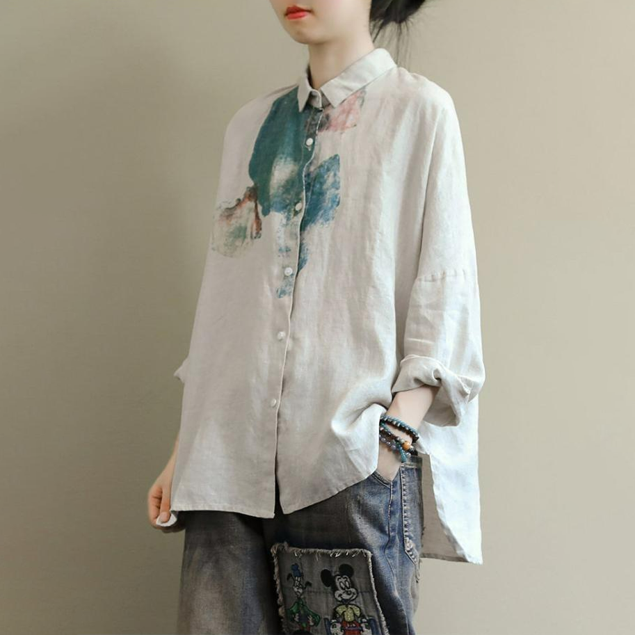 文藝印花長袖大碼寬松百搭棉麻襯衫-HaloBless