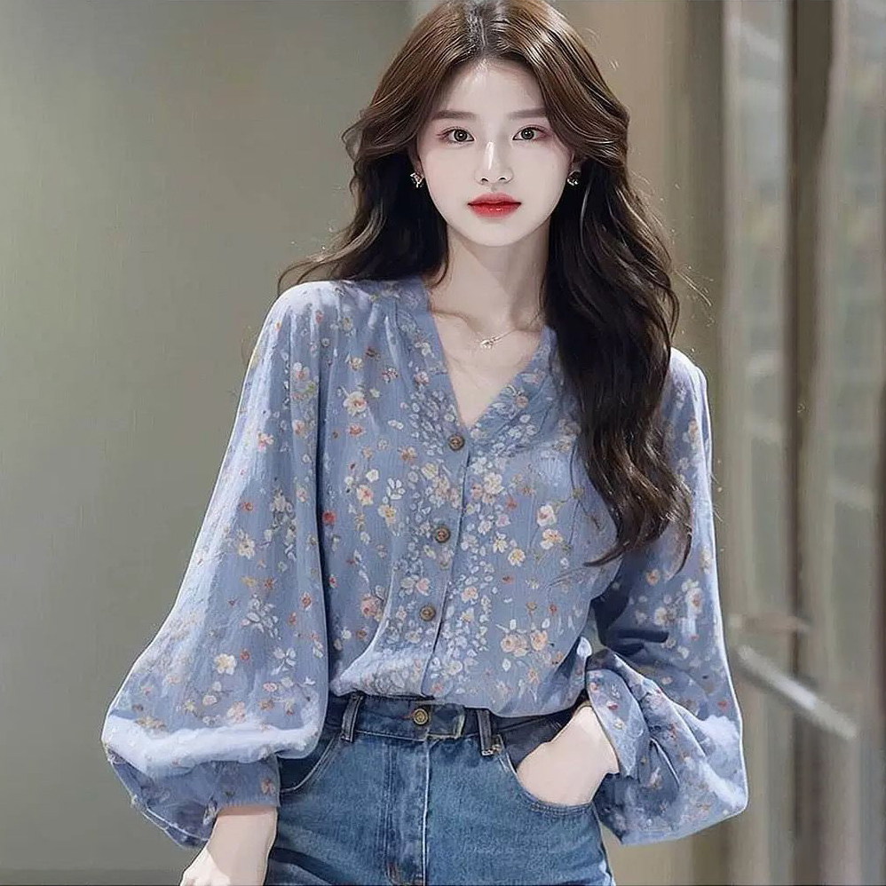 法式V領氣質寬鬆藍色碎花長袖襯衫-HaloBless