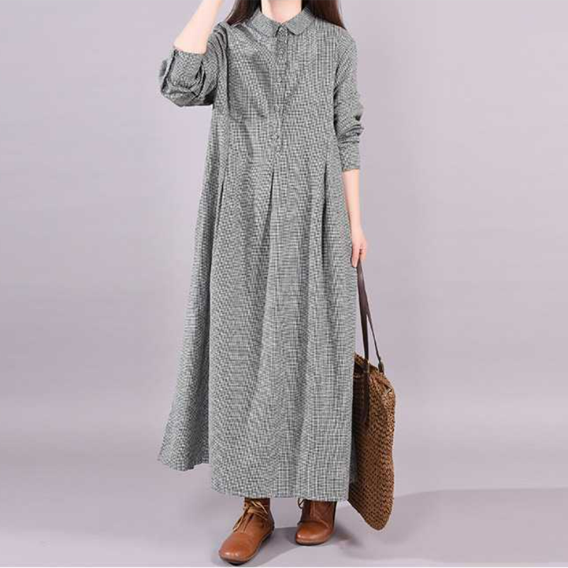 韓版時尚寬鬆大碼顯瘦格子長袖洋裝-HaloBless