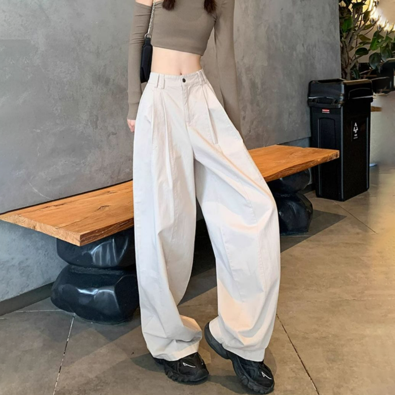 美式高腰顯瘦寬鬆休閒運動工裝闊腿褲-HaloBless