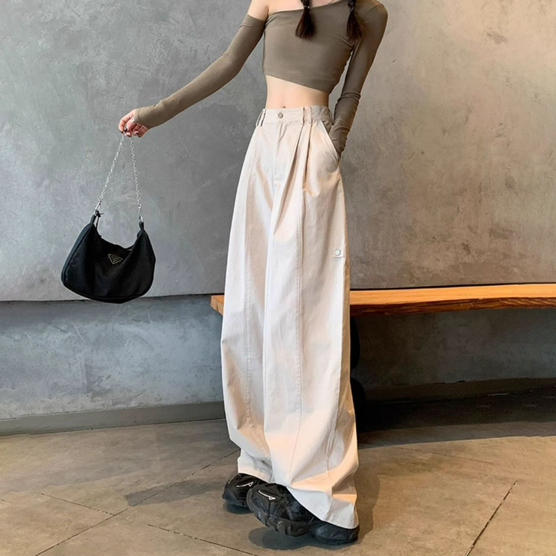 美式高腰顯瘦寬鬆休閒運動工裝闊腿褲-HaloBless