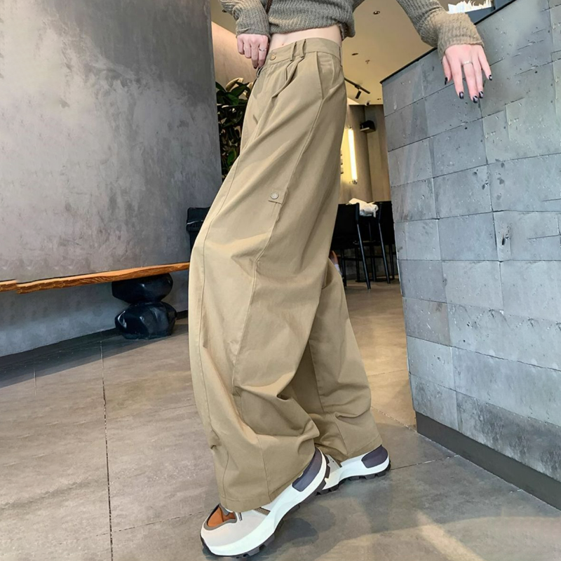 美式高腰顯瘦寬鬆休閒運動工裝闊腿褲-HaloBless