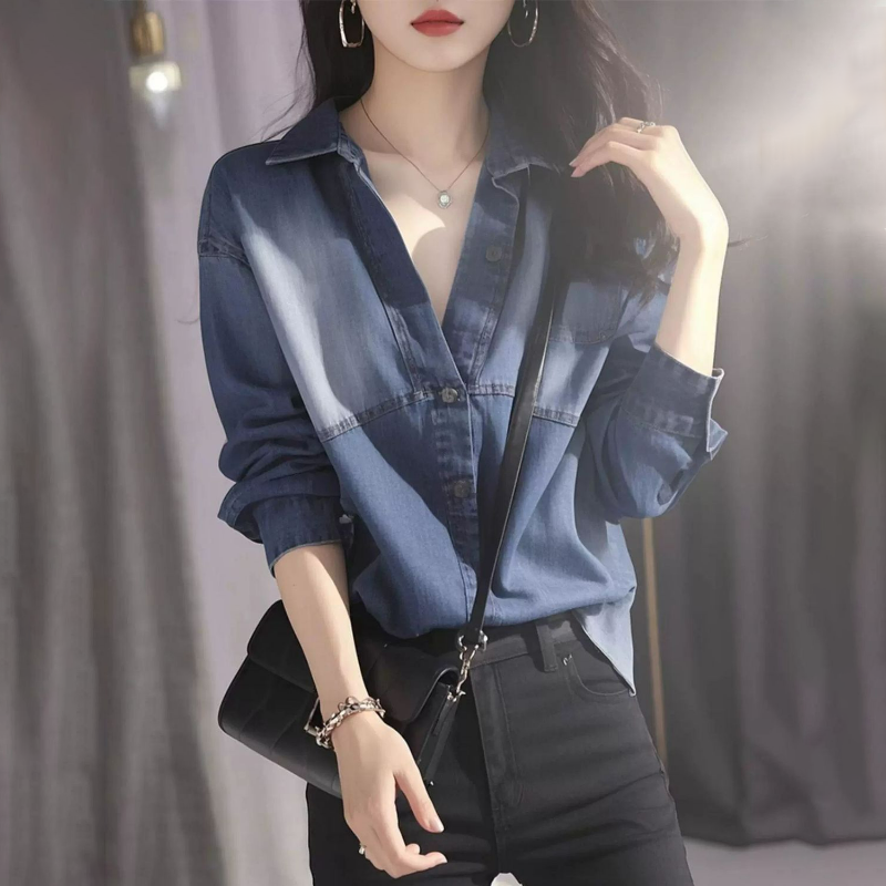 獨特別緻寬松顯瘦高級感長袖藍色牛仔襯衫-HaloBless