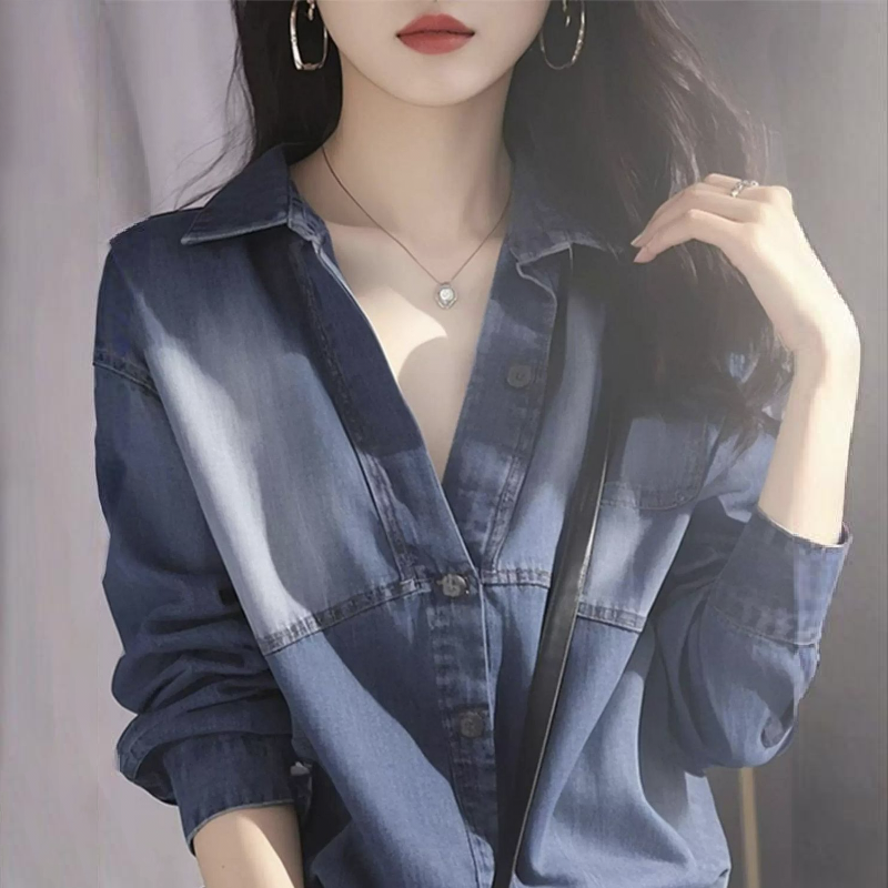 獨特別緻寬松顯瘦高級感長袖藍色牛仔襯衫-HaloBless