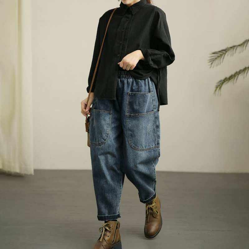 復古做舊高腰大碼鬆緊腰九分哈倫牛仔褲-HaloBless