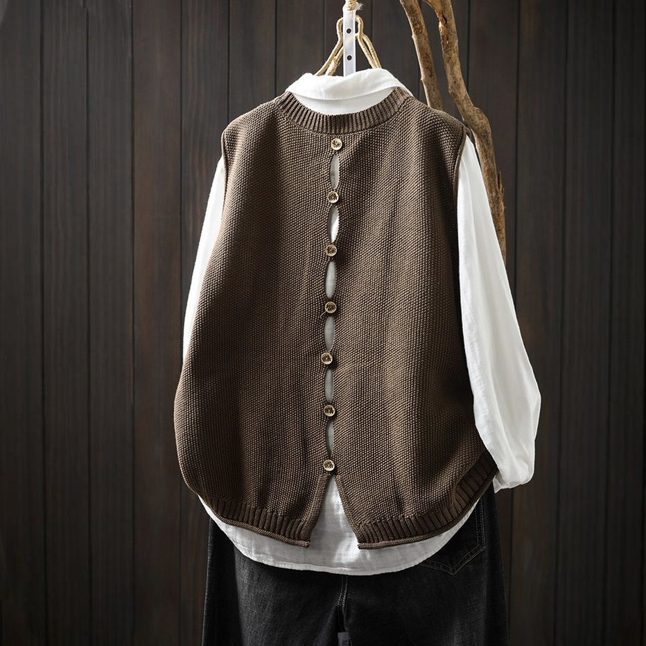 【單件/套裝】後背紐扣針織馬甲+寬鬆百搭襯衫疊穿兩件套裝-HaloBless