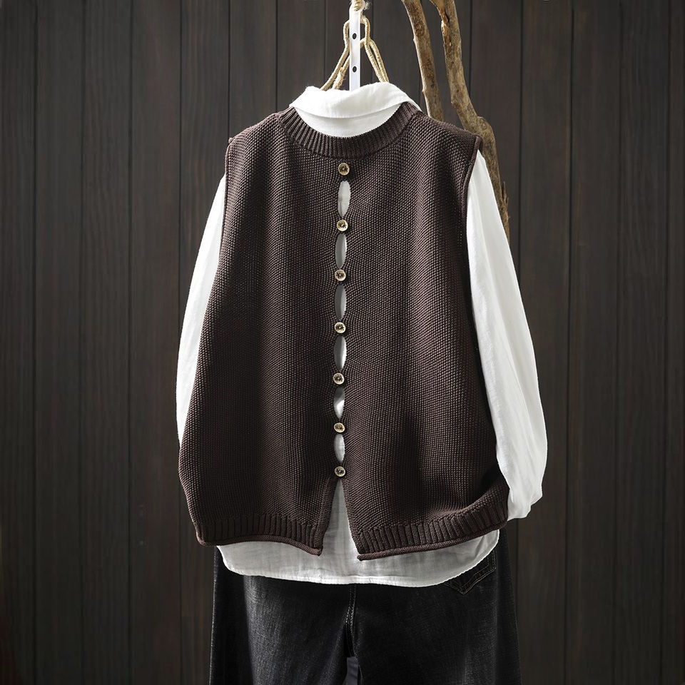 【單件/套裝】後背紐扣針織馬甲+寬鬆百搭襯衫疊穿兩件套裝-HaloBless