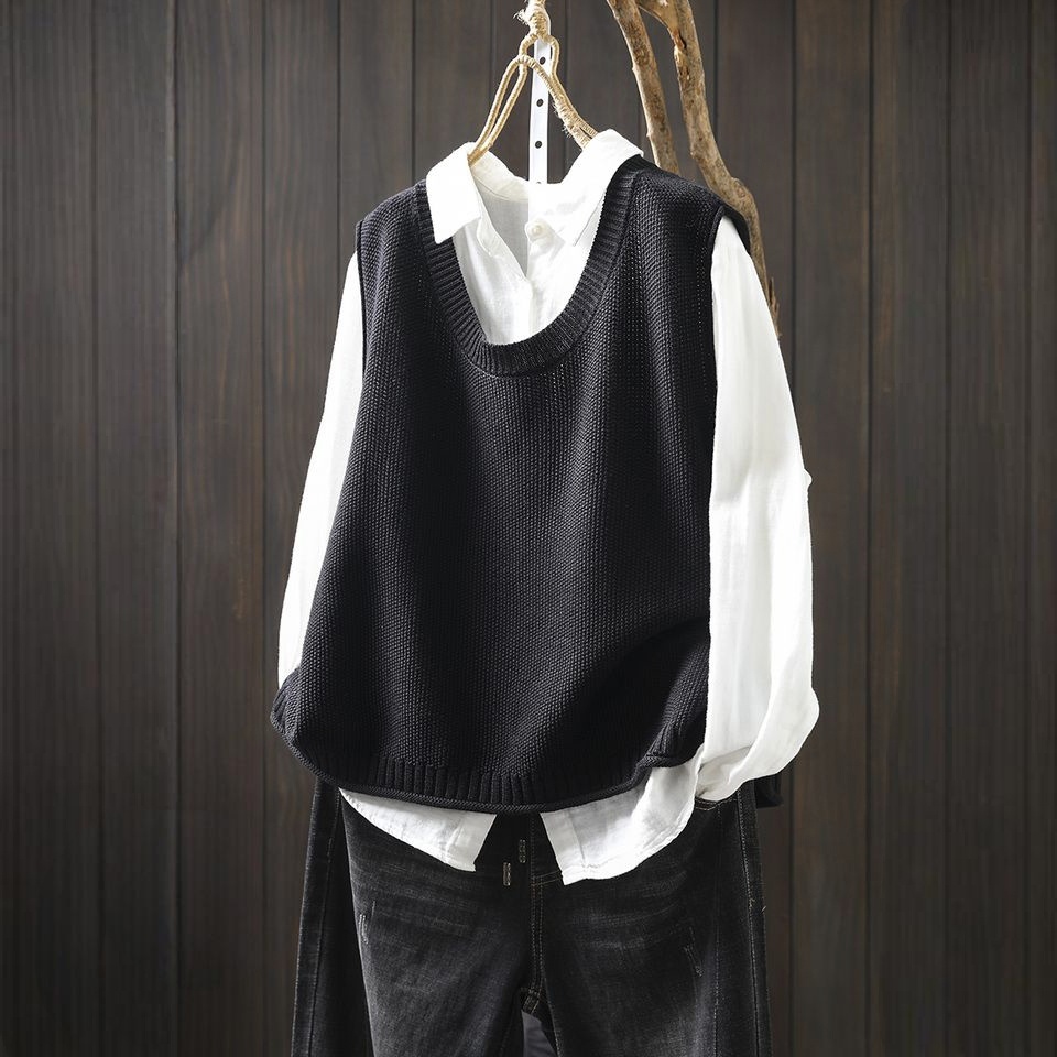 【單件/套裝】後背紐扣針織馬甲+寬鬆百搭襯衫疊穿兩件套裝-HaloBless
