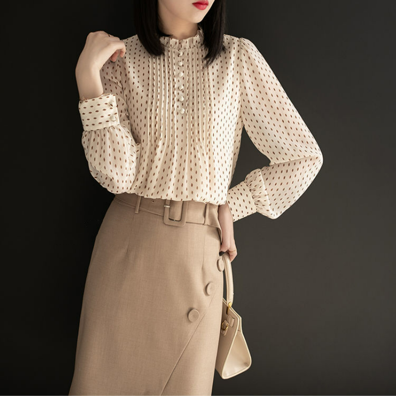 氣質寬鬆長袖時尚洋氣雪紡襯衫-HaloBless