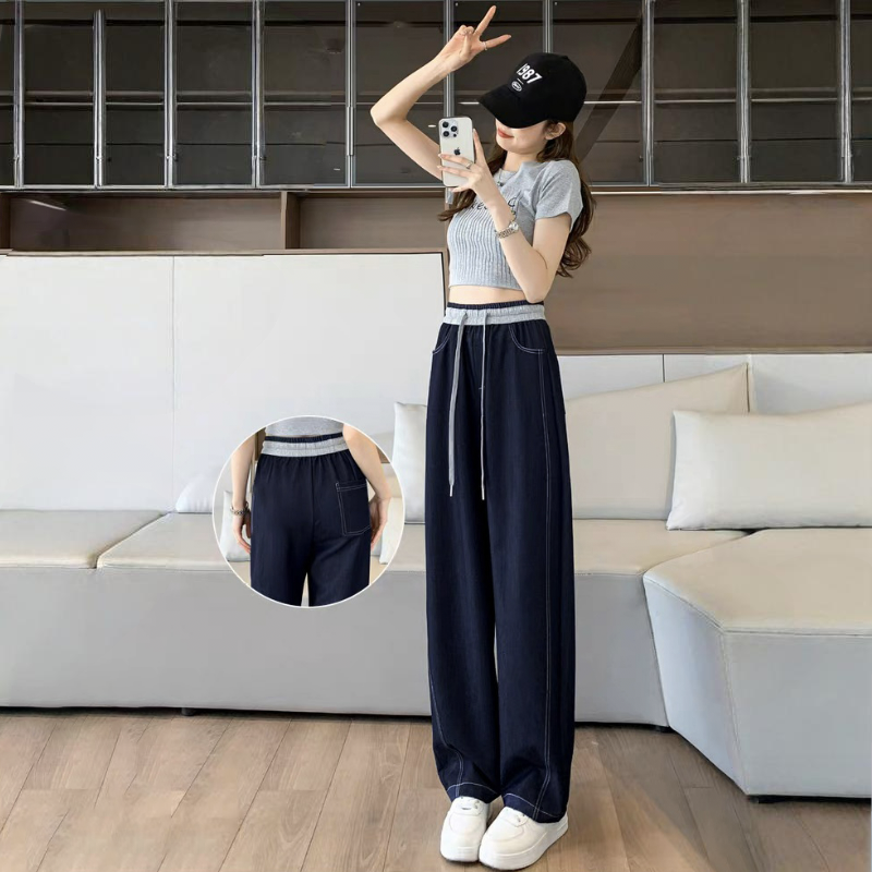 高腰寬鬆顯瘦垂感休閒拼接牛仔拖地闊腿褲-HaloBless