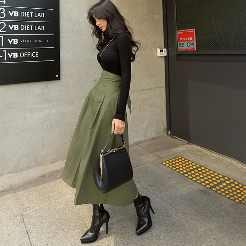 超火蝴蝶結傘裙修身束腰大裙擺A字半身裙-HaloBless