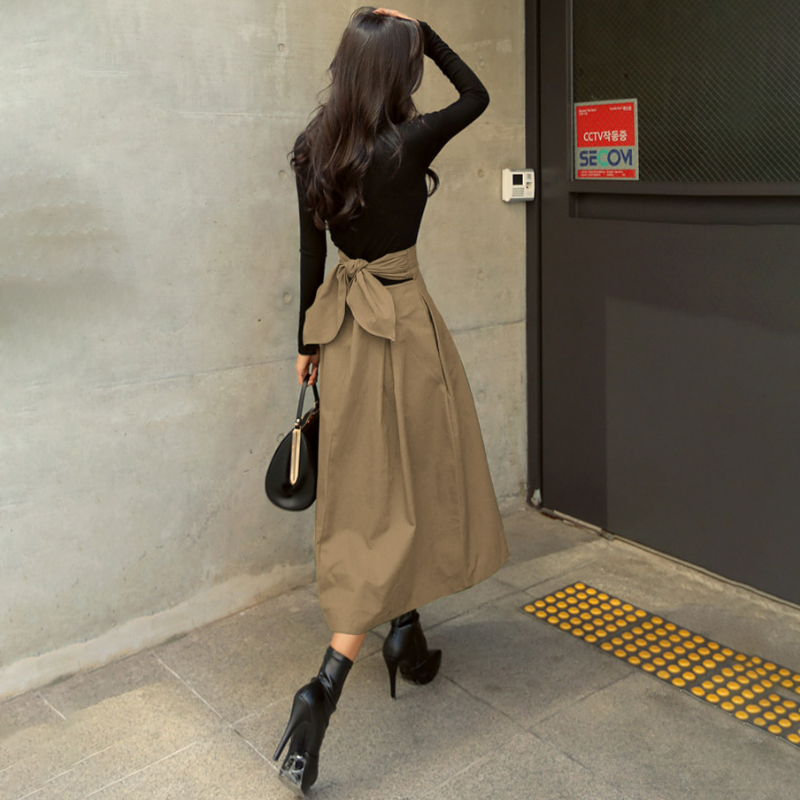 超火蝴蝶結傘裙修身束腰大裙擺A字半身裙-HaloBless