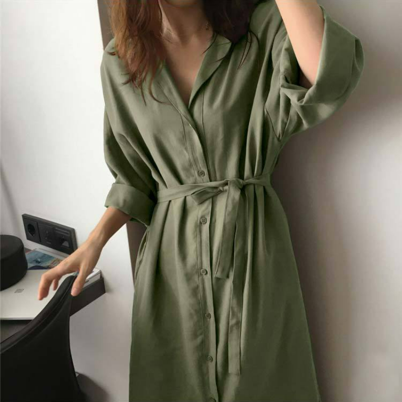 韓國chic寬鬆系帶收腰襯衫風衣外套-HaloBless