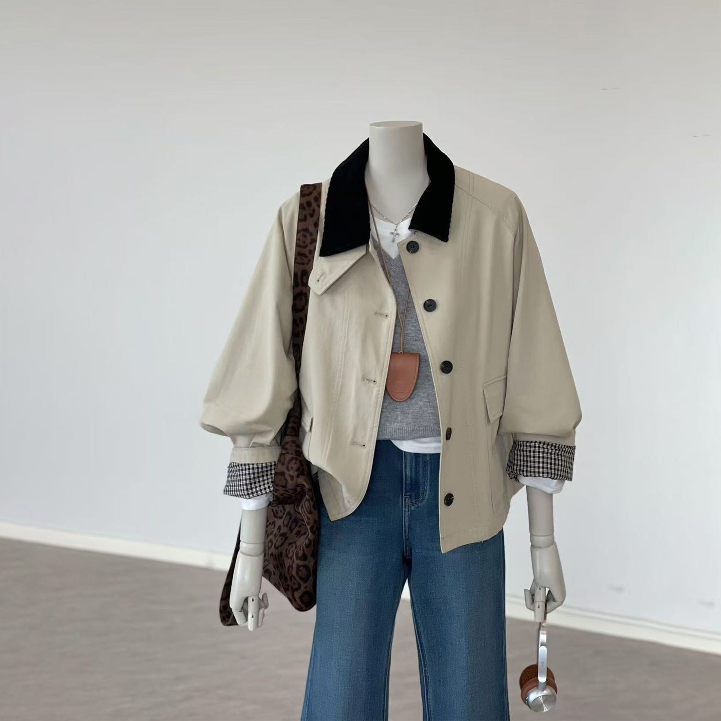 韓系復古小眾設計感撞色格紋拼接風衣外套-HaloBless