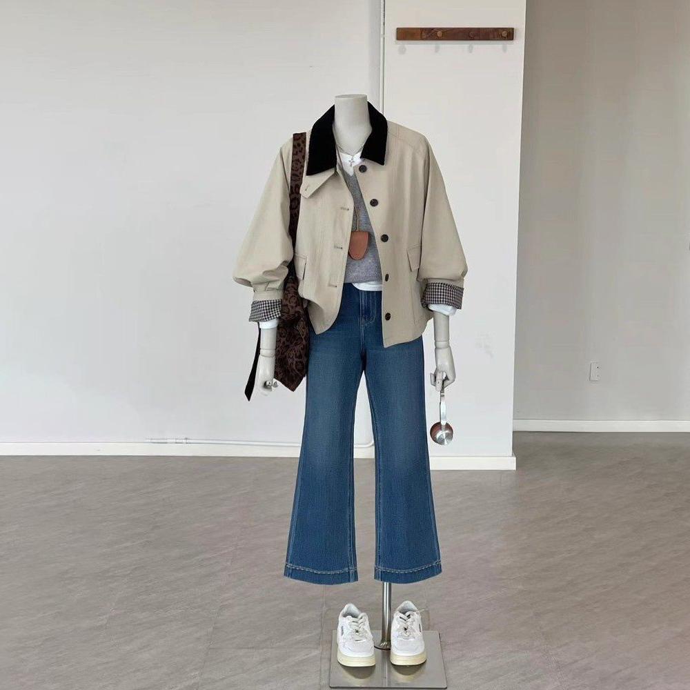 韓系復古小眾設計感撞色格紋拼接風衣外套-HaloBless