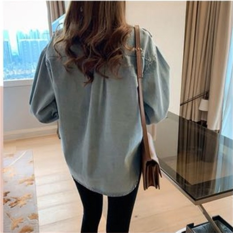 甜美荷葉邊大碼寬鬆顯瘦長袖牛仔襯衫-HaloBless