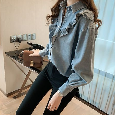 甜美荷葉邊大碼寬鬆顯瘦長袖牛仔襯衫-HaloBless