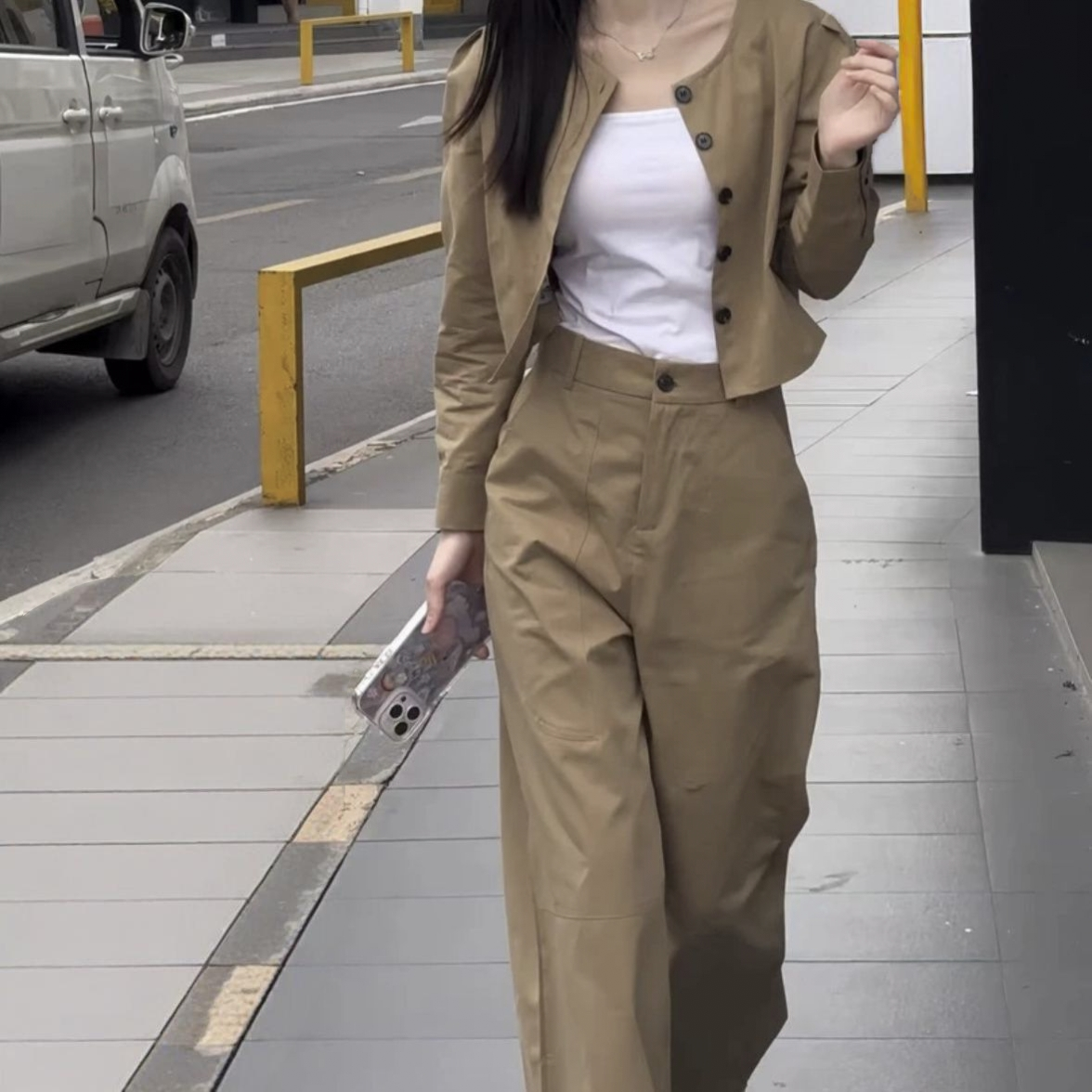 【整套】休閒氣質長袖圓領外套+小眾炸街闊腿褲兩件套裝-HaloBless