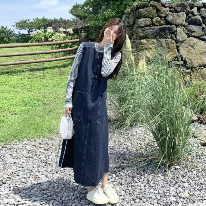 【單件/套裝】韓系條紋顯瘦上衣+復古牛仔背心洋裝兩件套-HaloBless