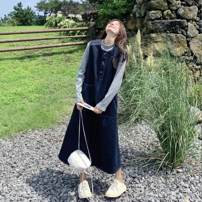 【單件/套裝】韓系條紋顯瘦上衣+復古牛仔背心洋裝兩件套-HaloBless