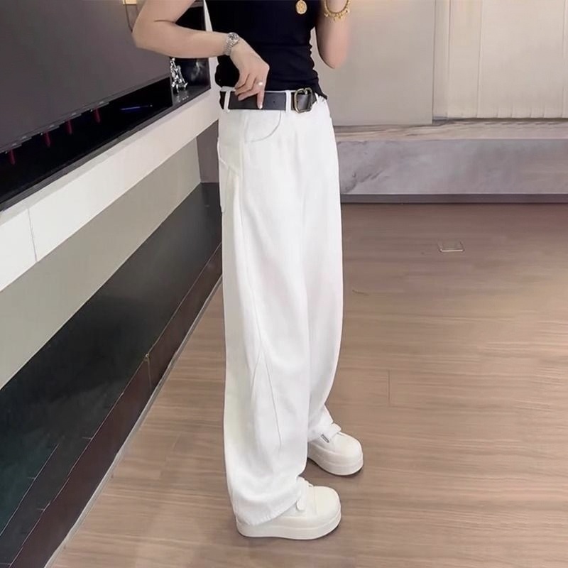 寬鬆高腰直筒顯瘦大碼復古彎刀闊腿牛仔褲-HaloBless