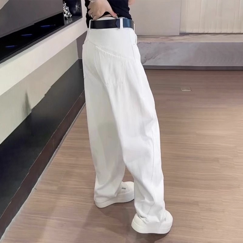 寬鬆高腰直筒顯瘦大碼復古彎刀闊腿牛仔褲-HaloBless