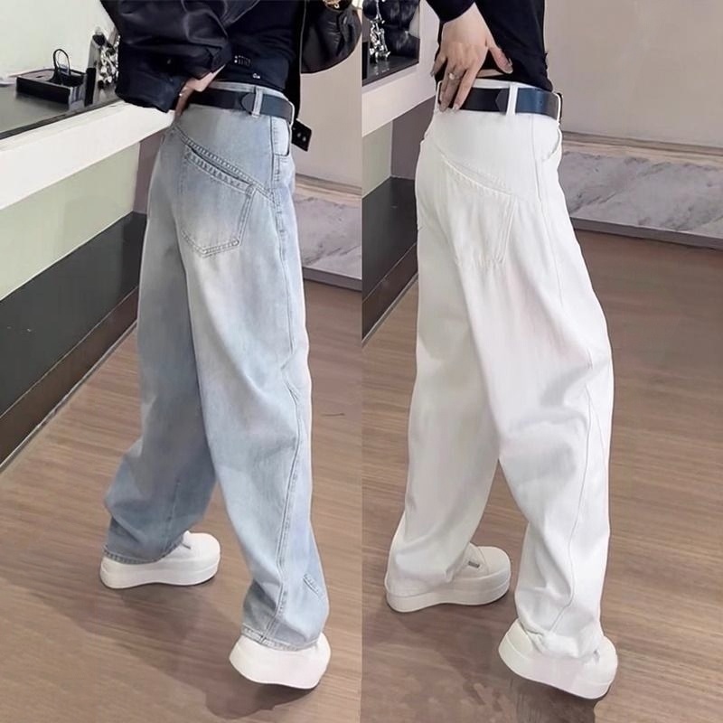 寬鬆高腰直筒顯瘦大碼復古彎刀闊腿牛仔褲-HaloBless