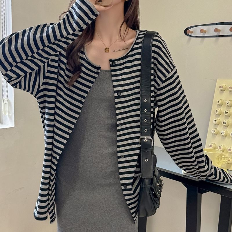 純棉條紋中長款寬鬆休閑顯瘦長袖開衫-HaloBless