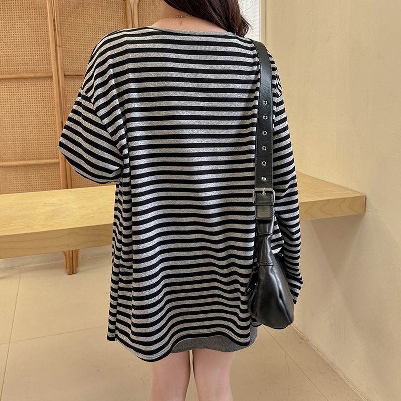 純棉條紋中長款寬鬆休閑顯瘦長袖開衫-HaloBless