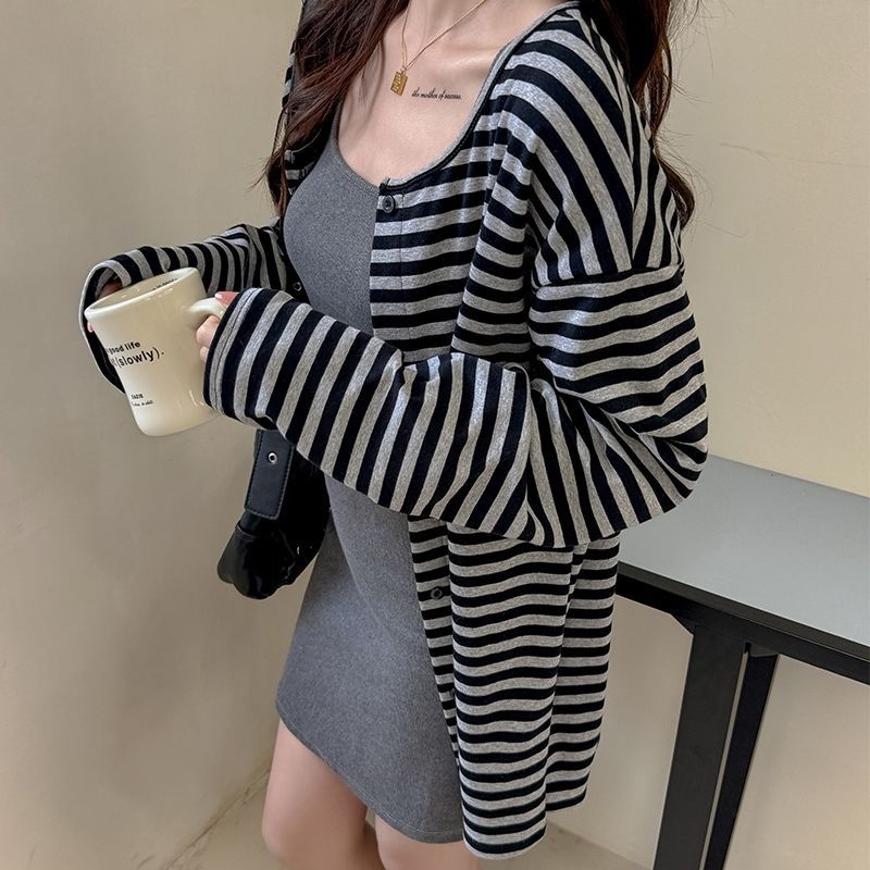 純棉條紋中長款寬鬆休閑顯瘦長袖開衫-HaloBless