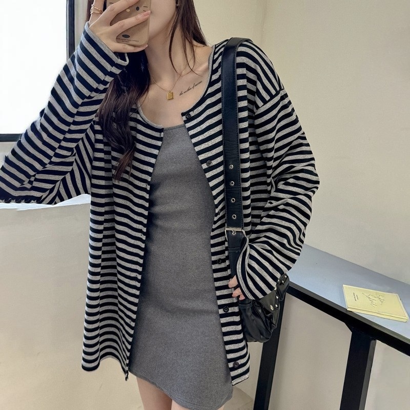 純棉條紋中長款寬鬆休閑顯瘦長袖開衫-HaloBless