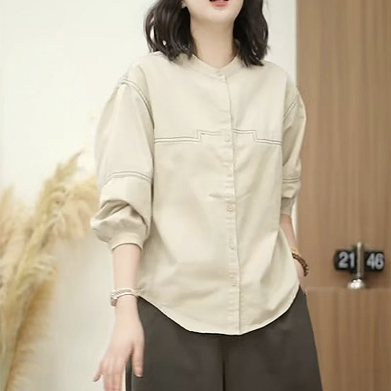 時尚明線設計顯瘦洋氣減齡休閑長袖襯衫-HaloBless