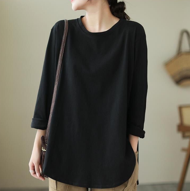 寬鬆大碼顯瘦純色打底休閒純棉長袖-HaloBless