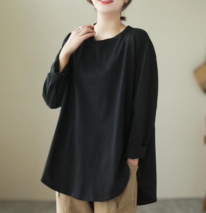 寬鬆大碼顯瘦純色打底休閒純棉長袖-HaloBless
