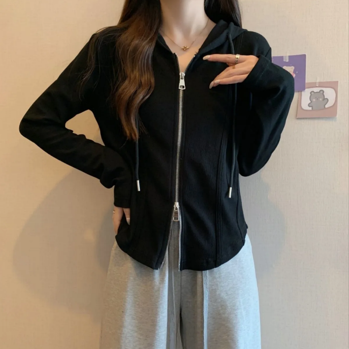 韓版顯瘦雙拉鍊不規則連帽寬鬆長袖T恤-HaloBless