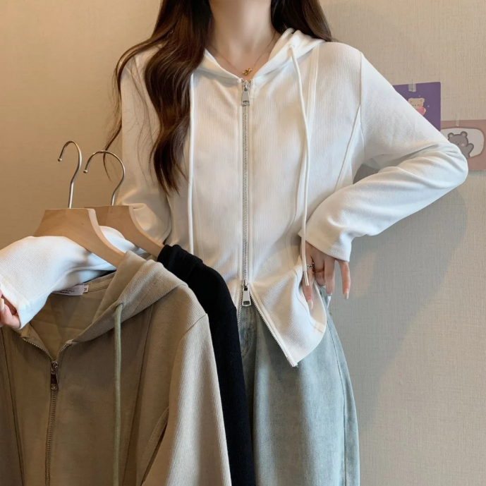 韓版顯瘦雙拉鍊不規則連帽寬鬆長袖T恤-HaloBless